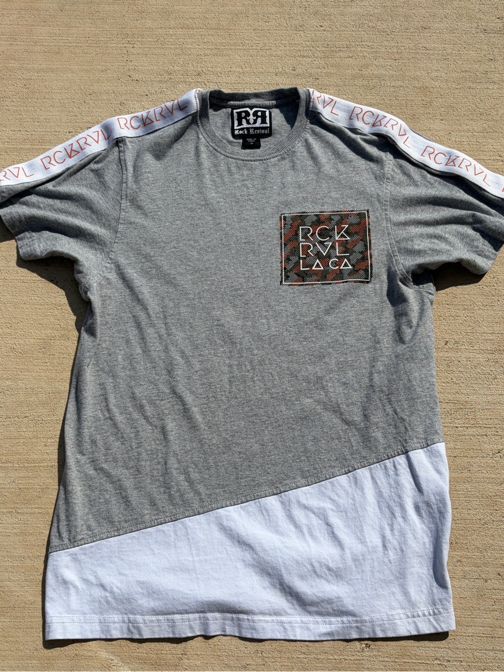 Rock Revival Gray & White Short Sleeve Tee with Logo Patch